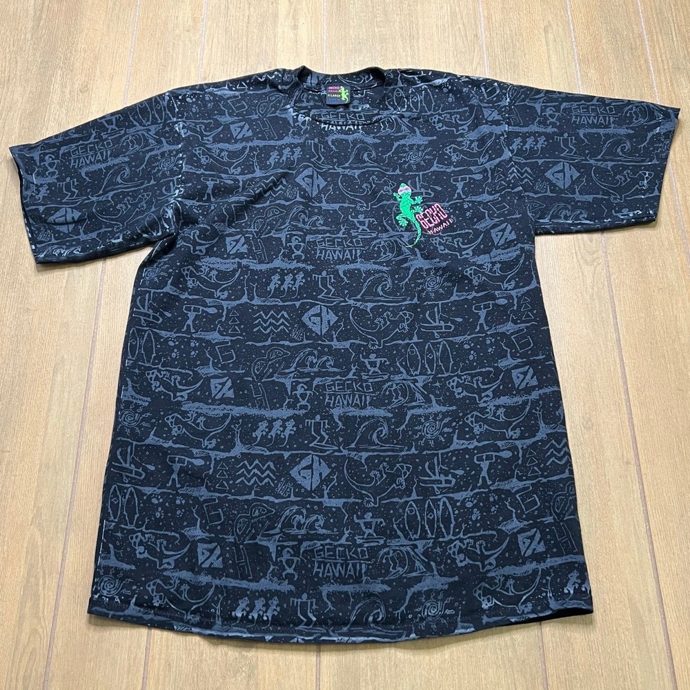Gecko Hawaii T Shirt Mens XL Black All Over Print Vintage 90s Neon Puff Logo